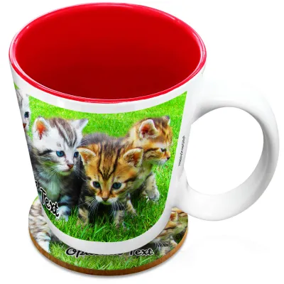 (XL 15oz  Red) with 1 Wrapped Around Image (Personalised with Text) with 1 matching Circular Coaster