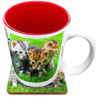 (XL 15oz  Red) with 1 Wrapped Around Image (Personalised with Text) with 1 matching Square Coaster