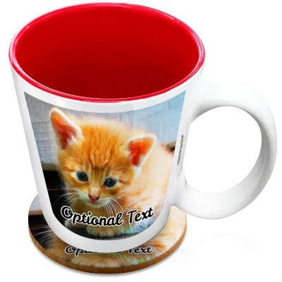 (XL 15oz  Red) with 2 Photos Printed Front & Back (Personalised with Text) with 1 matching Circular Coaster