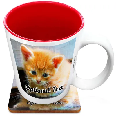 (XL 15oz  Red) with 2 Photos Printed Front & Back (Personalised with Text) with 1 matching Square Coaster