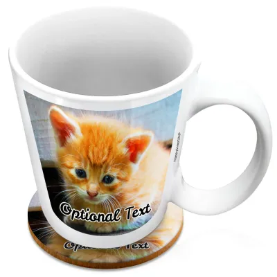 (XL 15oz White) with 2 Photos Printed Front & Back (Personalised with Text) with 1 matching Circular Coaster