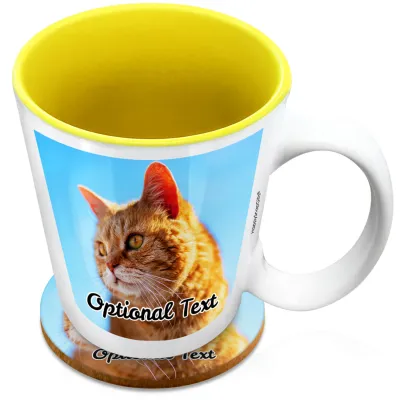(XL 15oz Yellow) with 1 Photo Printed Front & Back (Personalised with Text) with 1 matching Circular Coaster
