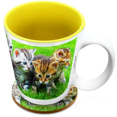 (XL 15oz Yellow) with 1 Wrapped Around Image (Personalised with Text) with 1 matching Circular Coaster
