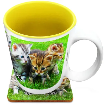 (XL 15oz Yellow) with 1 Wrapped Around Image (Personalised with Text) with 1 matching Square Coaster