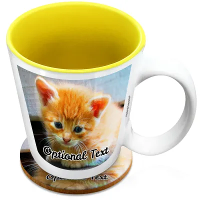 (XL 15oz Yellow) with 2 Photos Printed Front & Back (Personalised with Text) with 1 matching Circular Coaster