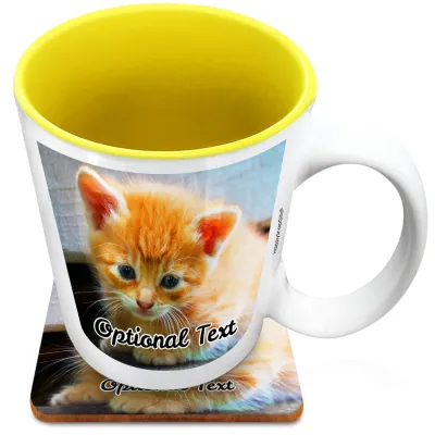 (XL 15oz Yellow) with 2 Photos Printed Front & Back (Personalised with Text) with 1 matching Square Coaster