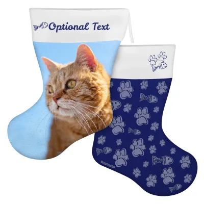 (45cm) Cat Paws & Fish Theme Navy Blue Soft Velvet Polyester Fabric (Personalised with Text)