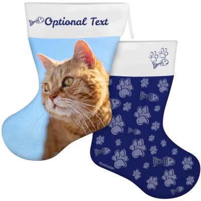 (55cm) Cat Paws & Fish Theme Navy Blue Soft Velvet Polyester Fabric (Personalised with Text)