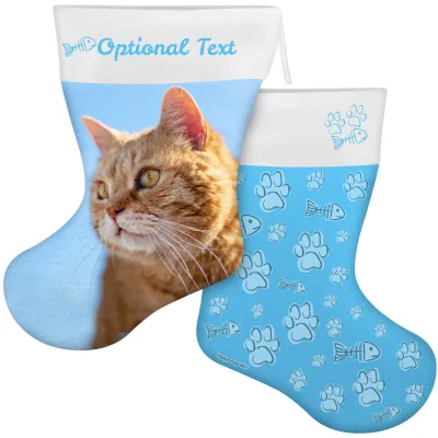 (55cm) Cat Paws & Fish Theme Sky Blue Soft Velvet Polyester Fabric (Personalised with Text)