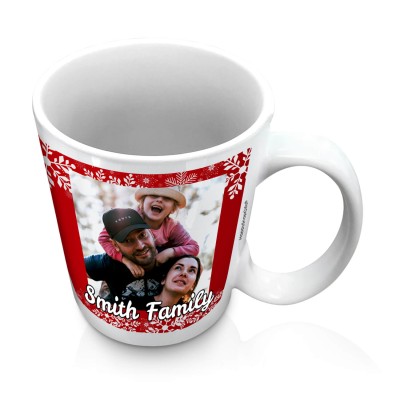 (10oz White) - Snowflakes on Red Design with 2 Photos Printed Front &amp; Back (Personalised with Text)