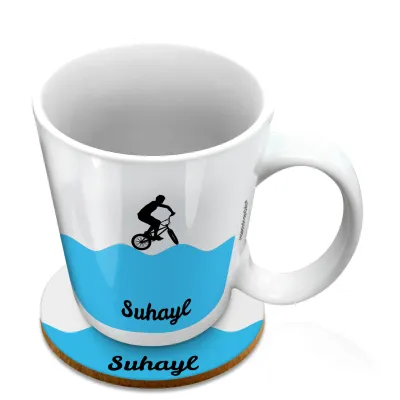(10oz White) with BMX Theme Blue (Personalised with Text) with 1 matching Circular Coaster