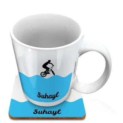 (10oz White) with BMX Theme Blue (Personalised with Text) with 1 matching Square Coaster
