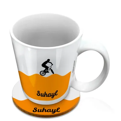 (10oz White) with BMX Theme Orange (Personalised with Text) with 1 matching Circular Coaster