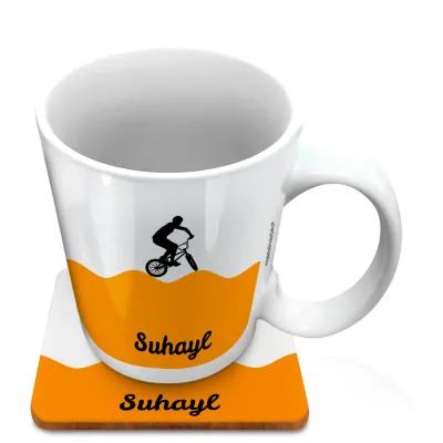 (10oz White) with BMX Theme Orange (Personalised with Text) with 1 matching Square Coaster