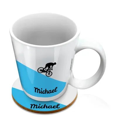 (10oz White) with Mountain Bike Theme Blue (Personalised with Text) with 1 matching Circular Coaster