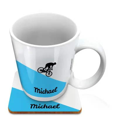 (10oz White) with Mountain Bike Theme Blue (Personalised with Text) with 1 matching Square Coaster