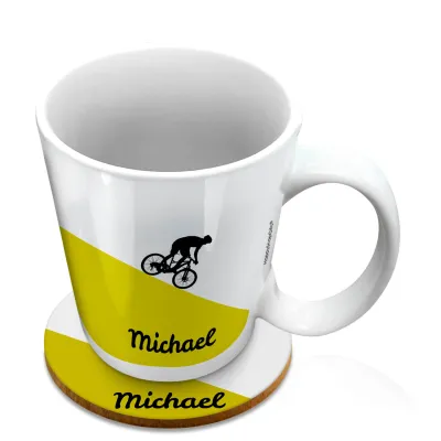(10oz White) with Mountain Bike Theme Green (Personalised with Text) with 1 matching Circular Coaster