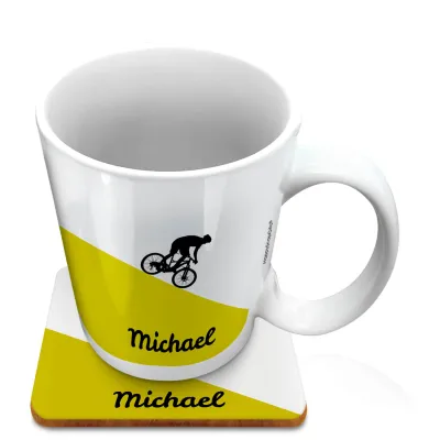 (10oz White) with Mountain Bike Theme Green (Personalised with Text) with 1 matching Square Coaster