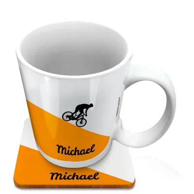 (10oz White) with Mountain Bike Theme Orange (Personalised with Text) with 1 matching Square Coaster