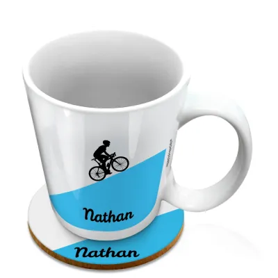 (10oz White) with Road Bike Theme Blue (Personalised with Text) with 1 matching Circular Coaster