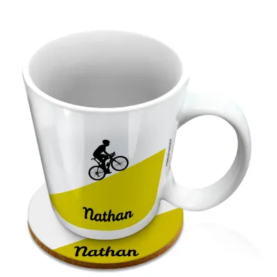 (10oz White) with Road Bike Theme Green (Personalised with Text) with 1 matching Circular Coaster