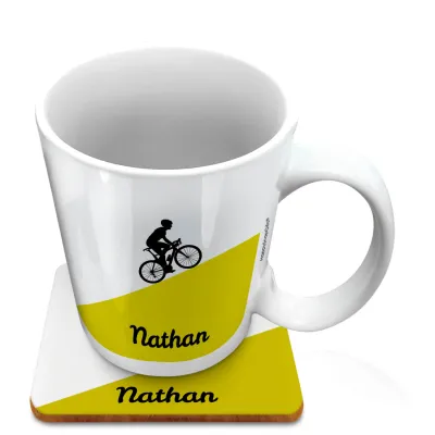 (10oz White) with Road Bike Theme Green (Personalised with Text) with 1 matching Square Coaster