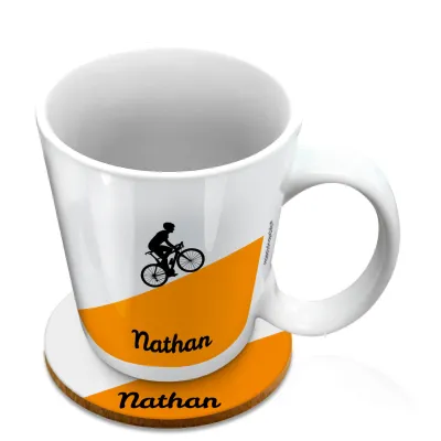 (10oz White) with Road Bike Theme Orange (Personalised with Text) with 1 matching Circular Coaster