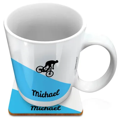 (XL 15oz White) with Mountain Bike Theme Blue (Personalised with Text) with 1 matching Square Coaster