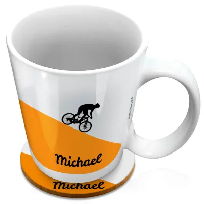 (XL 15oz White) with Mountain Bike Theme Orange (Personalised with Text) with 1 matching Circular Coaster