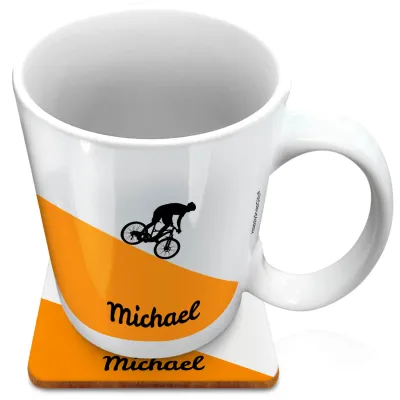 (XL 15oz White) with Mountain Bike Theme Orange (Personalised with Text) with 1 matching Square Coaster