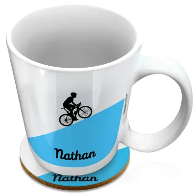 (XL 15oz White) with Road Bike Theme Blue (Personalised with Text) with 1 matching Circular Coaster