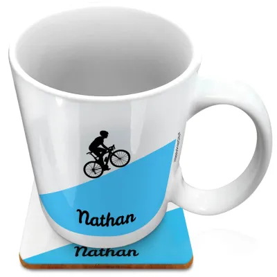 (XL 15oz White) with Road Bike Theme Blue (Personalised with Text) with 1 matching Square Coaster