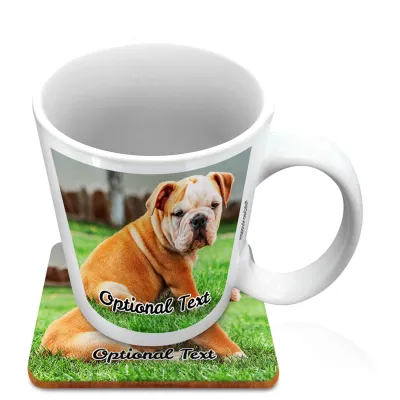 (10oz White) with 1 Photo Printed Front & Back (Personalised with Text) with 1 matching Square Coaster