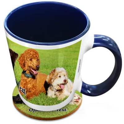 (XL 15oz Blue Inner & Handle) with 1 Wrapped Around Image (Personalised with Text) with 1 matching Circular Coaster
