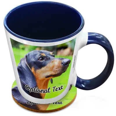 (XL 15oz Blue Inner & Handle) with 2 Photos Printed Front & Back (Personalised with Text) with 1 matching Circular Coaster