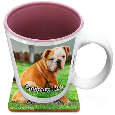 (XL 15oz Pink) with 1 Photo Printed Front & Back (Personalised with Text) with 1 matching Square Coaster
