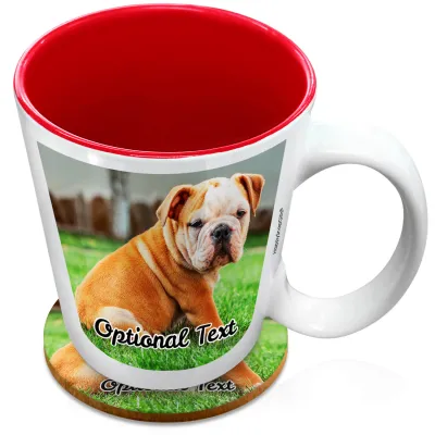 (XL 15oz  Red) with 1 Photo Printed Front & Back (Personalised with Text) with 1 matching Circular Coaster