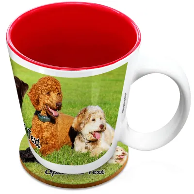 (XL 15oz  Red) with 1 Wrapped Around Image (Personalised with Text) with 1 matching Circular Coaster