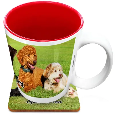 (XL 15oz  Red) with 1 Wrapped Around Image (Personalised with Text) with 1 matching Square Coaster