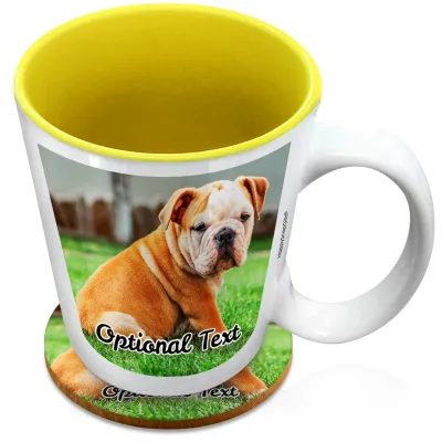 (XL 15oz Yellow) with 1 Photo Printed Front & Back (Personalised with Text) with 1 matching Circular Coaster