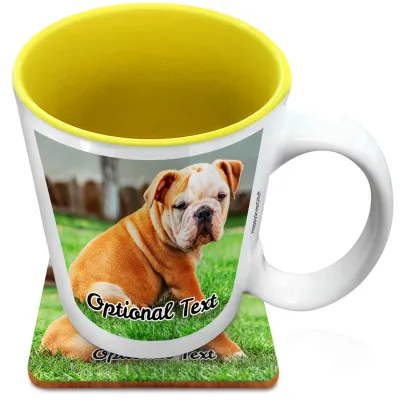 (XL 15oz Yellow) with 1 Photo Printed Front & Back (Personalised with Text) with 1 matching Square Coaster