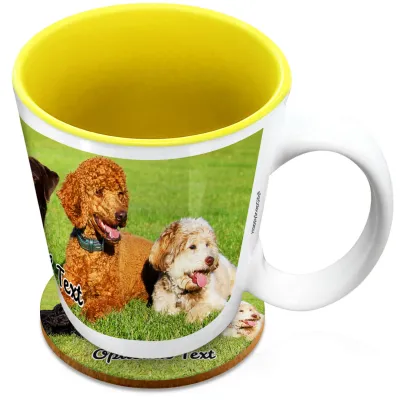 (XL 15oz Yellow) with 1 Wrapped Around Image (Personalised with Text) with 1 matching Circular Coaster