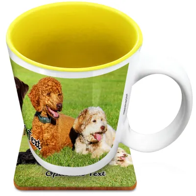 (XL 15oz Yellow) with 1 Wrapped Around Image (Personalised with Text) with 1 matching Square Coaster
