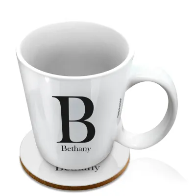 (10oz White) Black (Personalised with Text) with 1 matching Circular Coaster