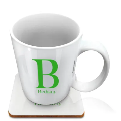 (10oz White) Bright Green (Personalised with Text) with 1 matching Square Coaster