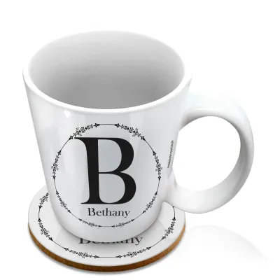 (10oz White) with Circular Ring Theme Black (Personalised with Text) with 1 matching Circular Coaster