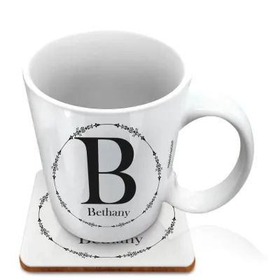 (10oz White) with Circular Ring Theme Black (Personalised with Text) with 1 matching Square Coaster