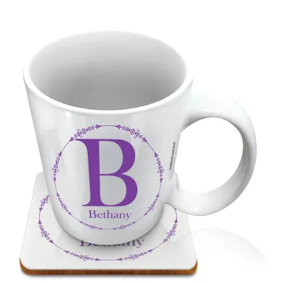 (10oz White) with Circular Ring Theme Purple (Personalised with Text) with 1 matching Square Coaster