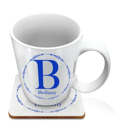 (10oz White) with Circular Ring Theme Royal Blue (Personalised with Text) with 1 matching Square Coaster