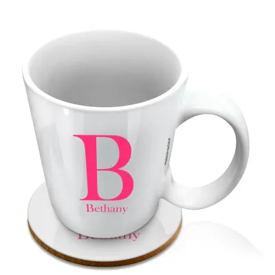 (10oz White) with Circular Ring Theme Hot Pink (Fuchsia) (Personalised with Text) with 1 matching Circular Coaster